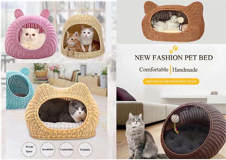 Wholesale Cute Pet Product Cages Houses Summer Washable Eco Friendly PE Rattan Cat Houses Bed