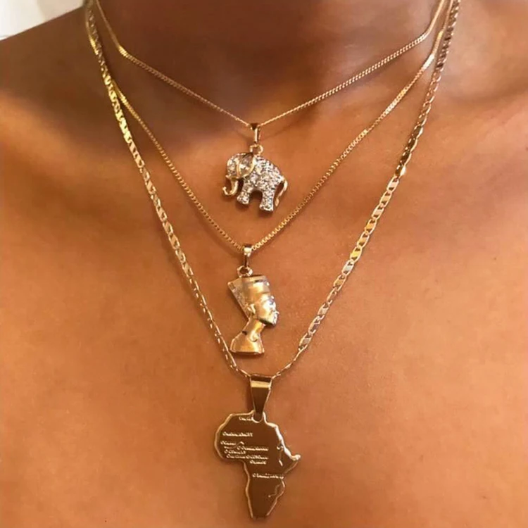 3 Pcs/Set Vintage Crystal Multilayer Gold Egyptian Pharaoh African Map Elephant Necklace Set