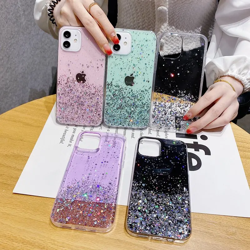  Оптовая продажа блестящий чехол для телефона с блестками iPhone 12 11 XS XR Прозрачный 13 Pro