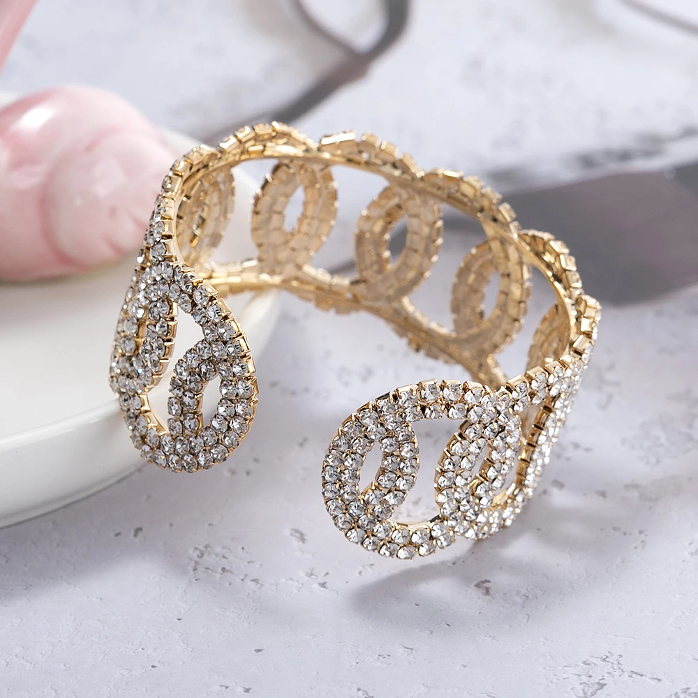 China Goods Wholesale Stainless Steel Cut Diamond Bangle Geometric Gold Open Rhinestones Cuff Bracelets Women Copper Jewelry
