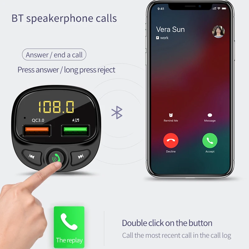 BT FM Transmitter Wireless Radio Adapter Car Kit with Dual USB Charging Car Charger MP3 Player Support TF Card & USB Disk