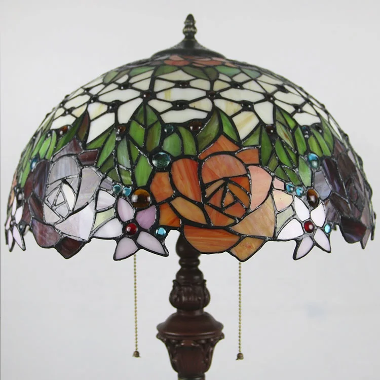LongHuiJing Tiffany Floor Lamp with Stained Glass Rose Pattern Shade