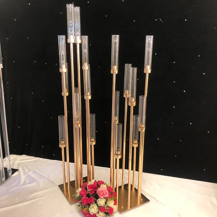Zhuoyun 8 Arms Glass Candle Stick Wedding Decoration Table Centerpiece Metal Gold Candelabra