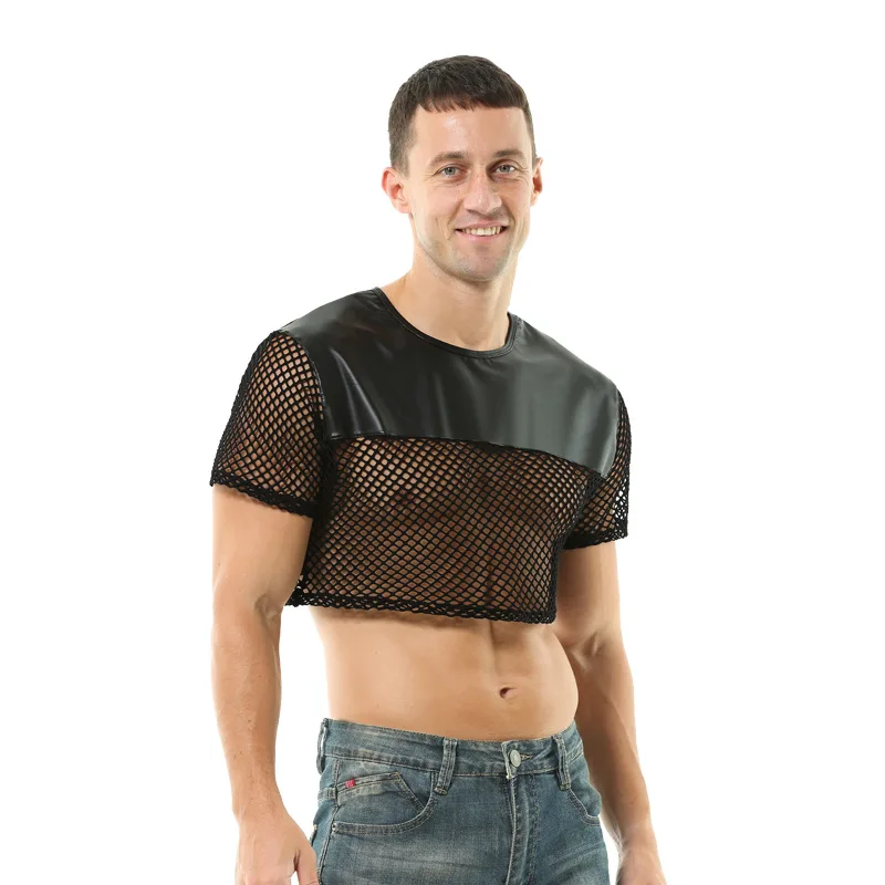 Мужская стильная повседневная футболка из искусственной кожи в стиле пэчворк сексуальная классная Клубная одежда для выступлений мужской укороченный топ