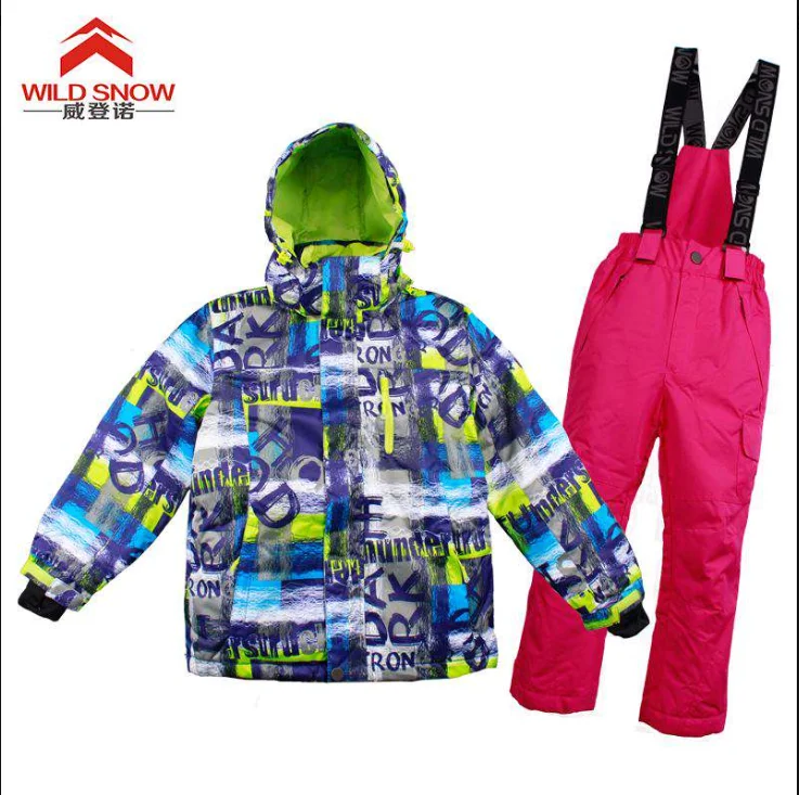 Дикий для снежной погоды для мальчиков и девочек; Лыжный комбинезон костюм куртка из искусственной кожи PU для катания на сноуборде с красочным рисунком Лыжная куртка и штаны, комплект с рисунком