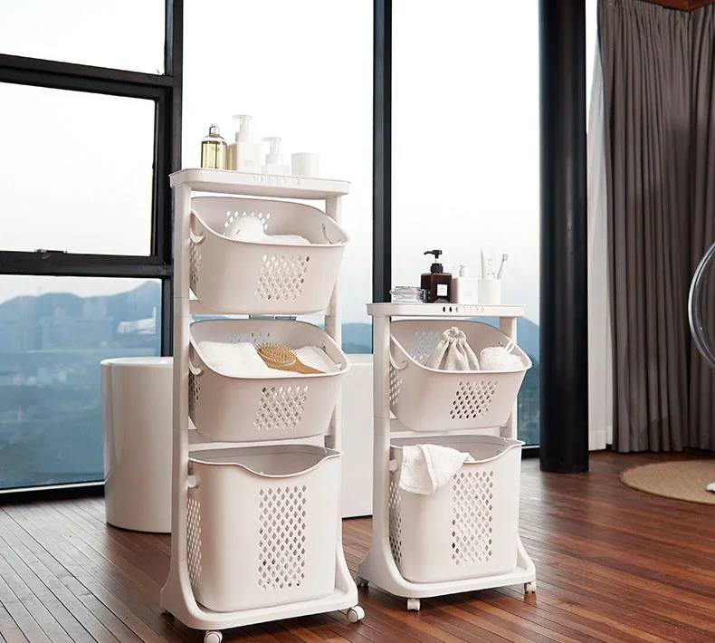 Multi-layer Rotating Storage Holders & Racks Bathroom Movable Trolleys Storage Rack Laundry Basket With Wheels
