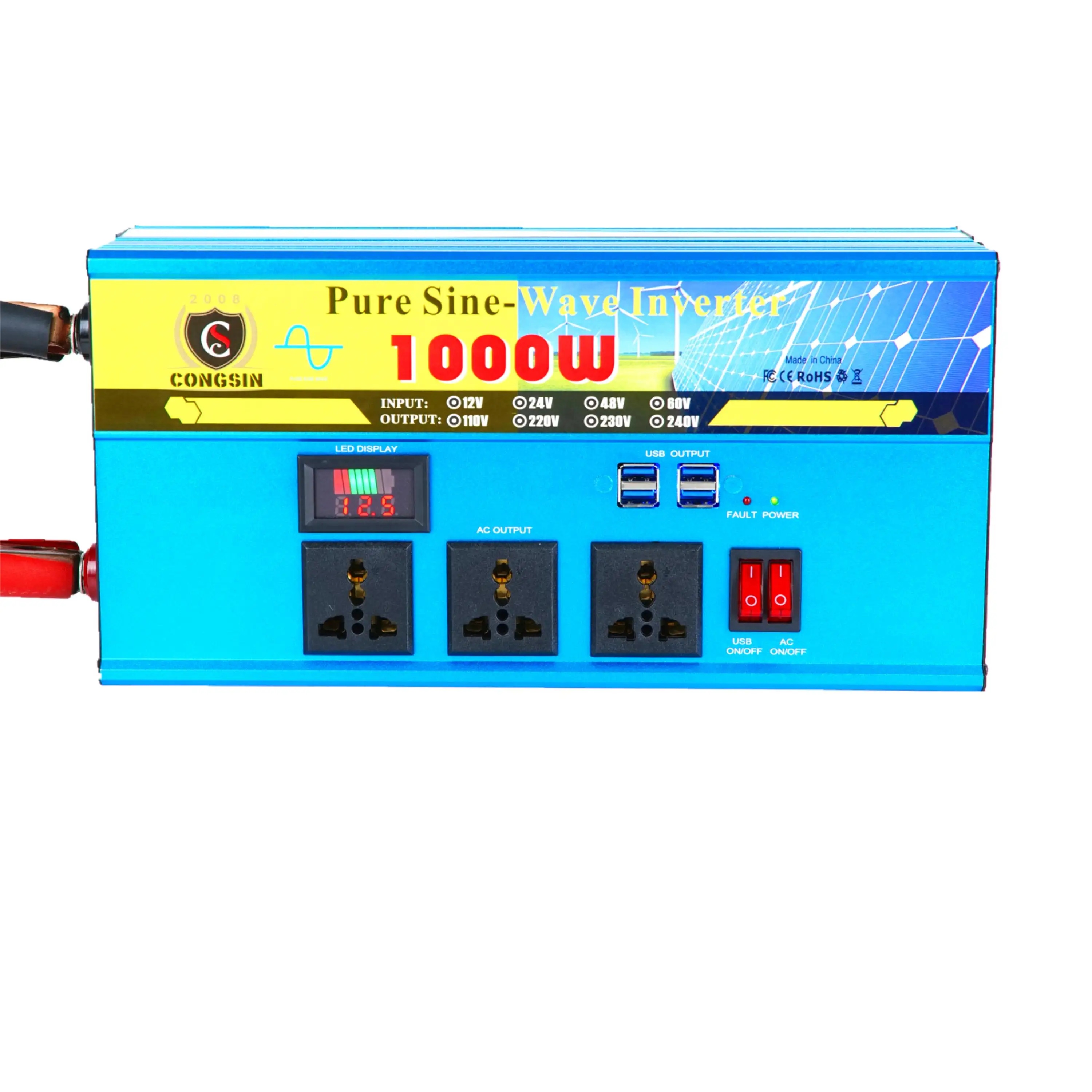 1000W Pure Sine Wave Inverter 12V 24V DC/AC 110V 220V Solar Inverter with 4 USB Ports 3 Sockets