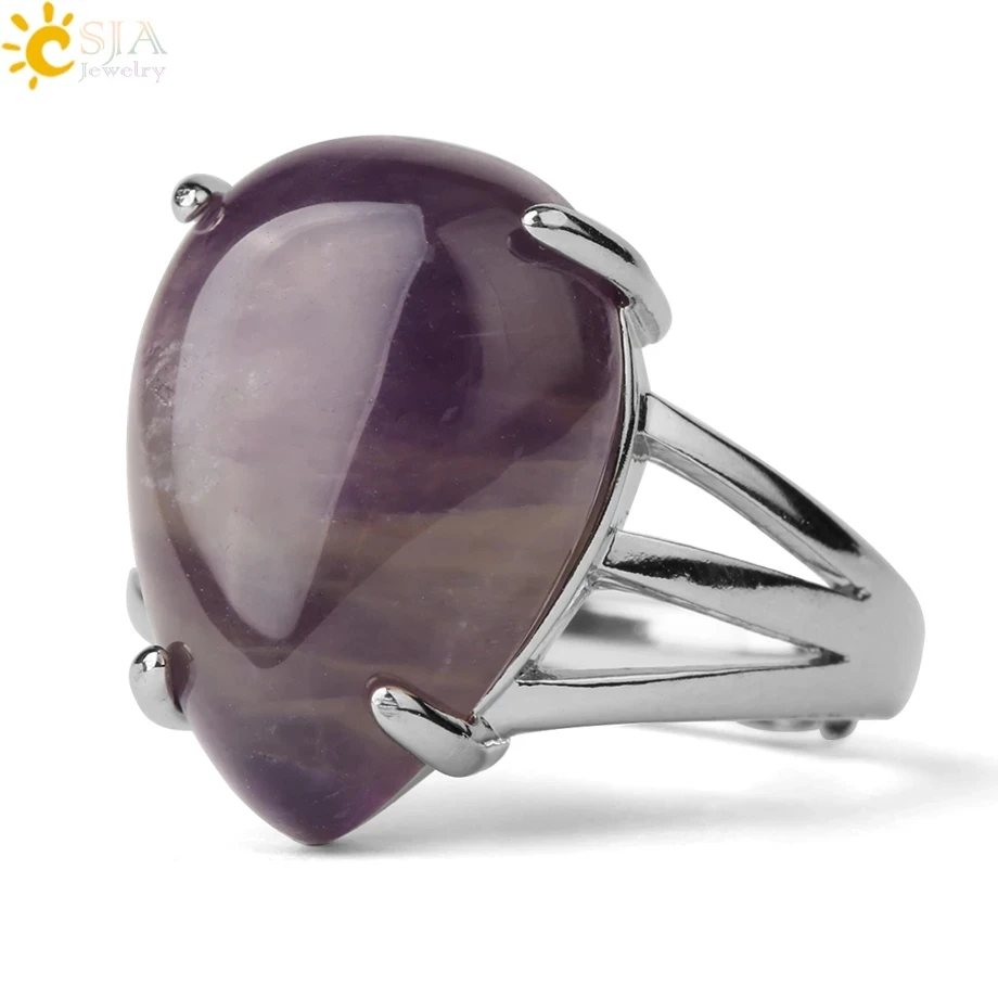 CSJA New Adjustable Crystal Rings Water Drop Natural Stone Rose Quartz Black Obsidian Women Men Ring Jewelry G689