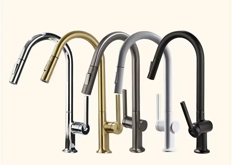 Brushed Gold Kitchen Faucet with Pull Down Sprayer High Arc Brassl Material One Hole Kitchen Mixer