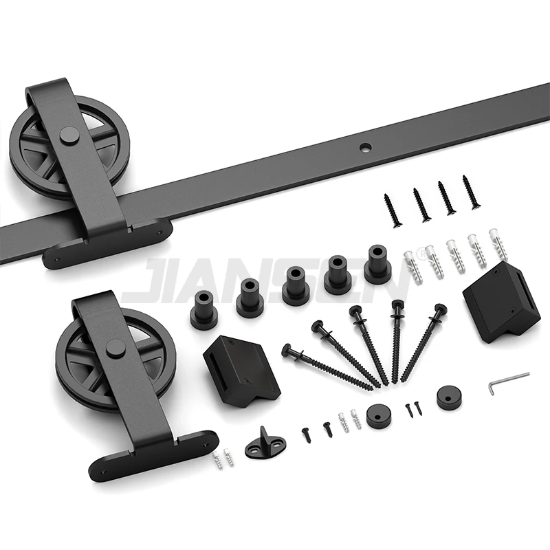 Heavy Duty 5-16ft Carbon Steel+POM Black Powder Coated Large Pulley Top Mounted Sliding Barn Door Hardware Kit