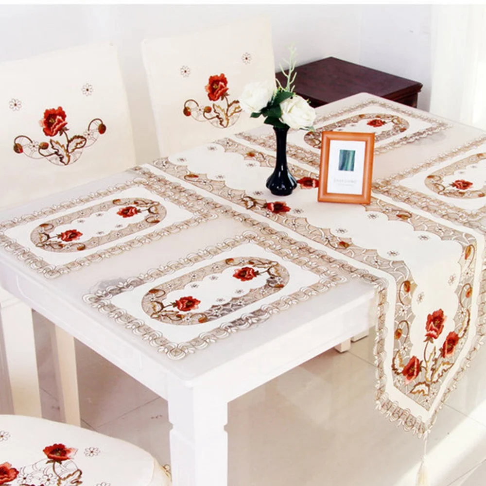 Nice delicate ready hotel cafe restaurant wedding dinning room rose embroidery flower table runner tablecloth chair cloth cover