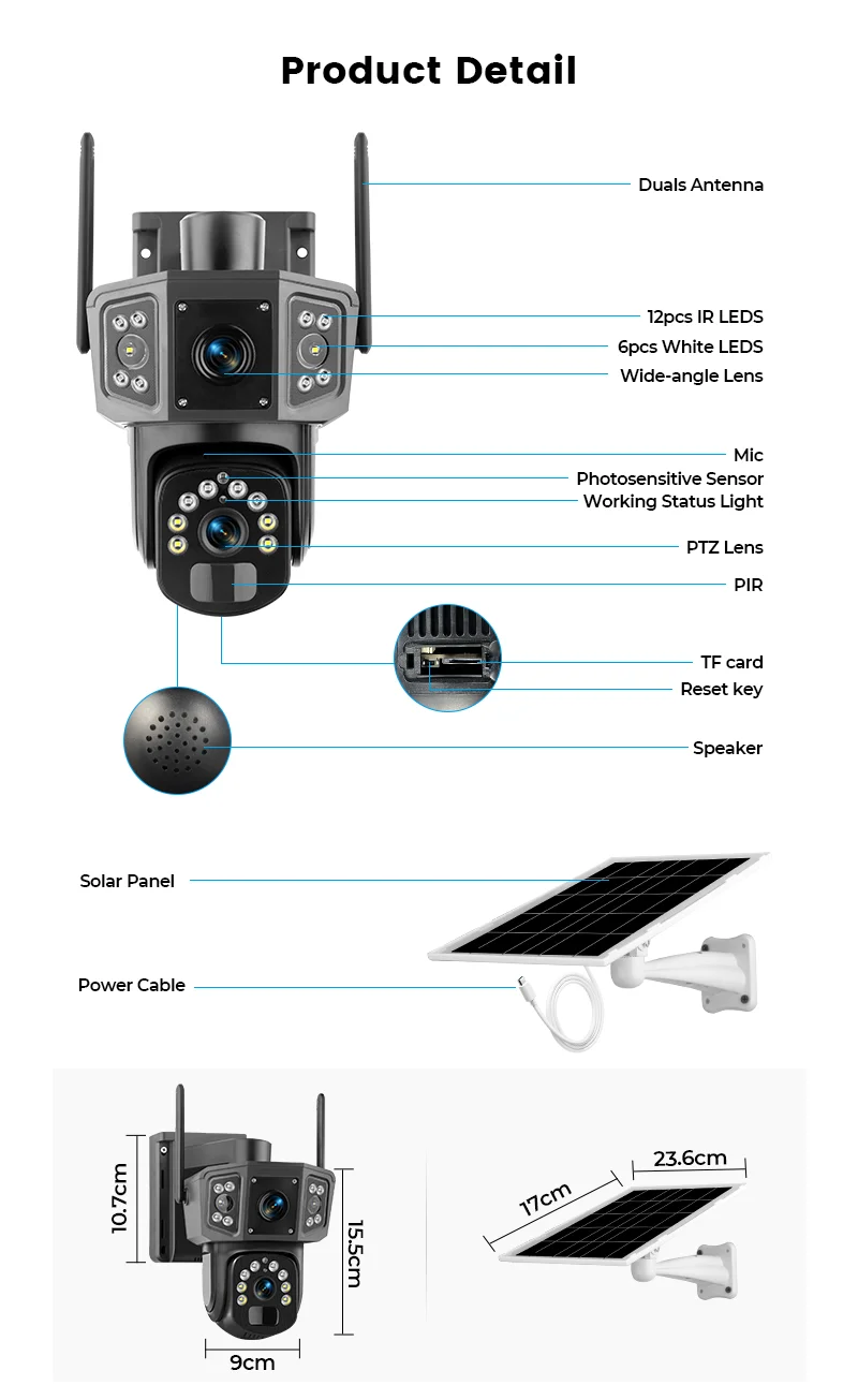 4MP Full Color Night Vision Solar Wireless Surveillance Camera Built-in 8000mAh Battery Multiple Lens Solar Camera With Tracking