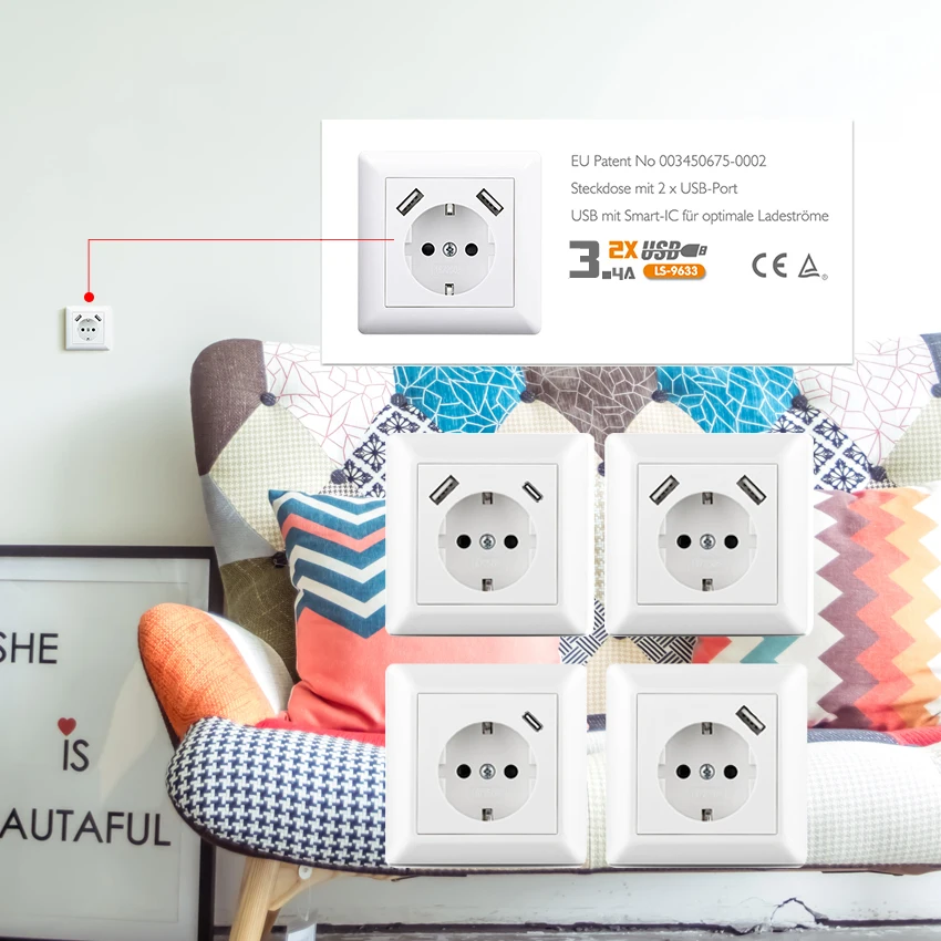 Factory Price 16A Schuko Socket System 55 Shutter Touch Protection for Smartphone wall socket