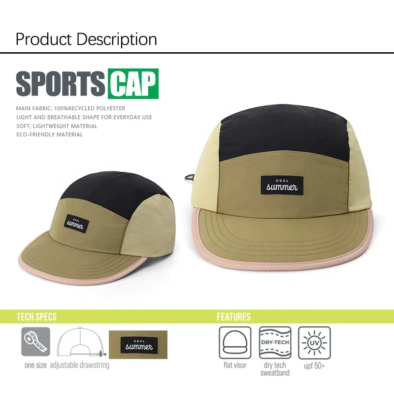 Custom Waterproof Woven Label Logo Camping Caps Flat Brim 5 Panel Sport Running Sports Snapback Caps For Men