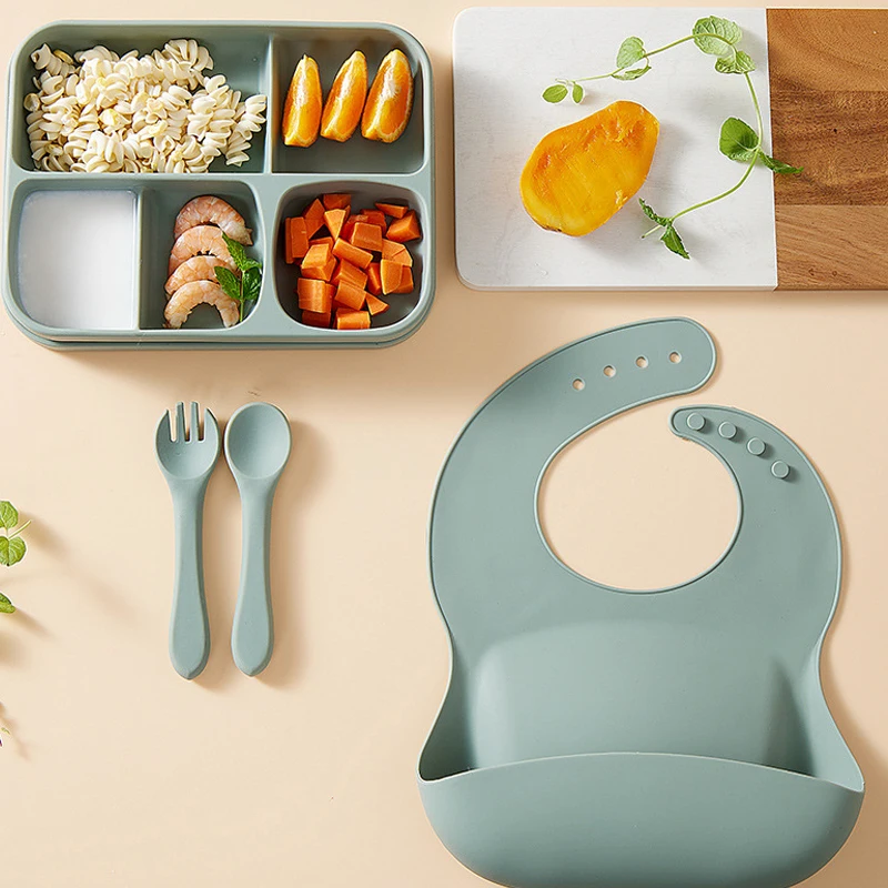 22 x 17cm Rectangular Partitioned Dinner Plate Baby Feeding Training Solid Food Bowl Silicone Snack Food Supplement Bowl