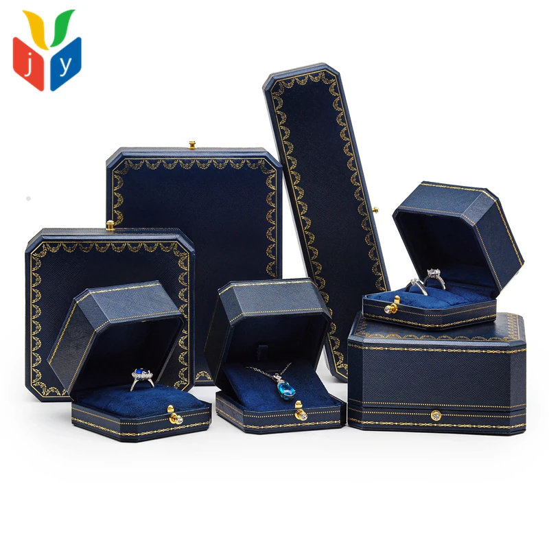 luxury Leatherette Paper ring bracelet Earring jewelry packaging box full set Navy blue necklace jewelry packaging box