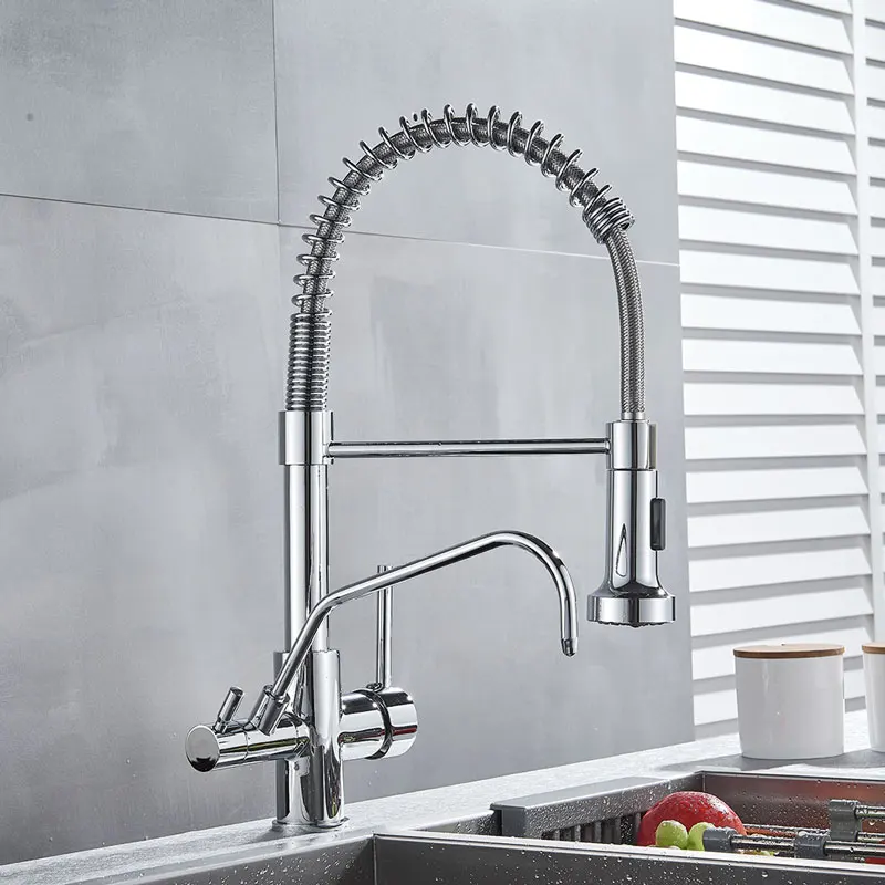 Chrome Filter Kitchen Faucet Dual Handle Purified Hot Cold Sink Tap 360 Rotation 2 Spouts Spring Faucet pure water Taps Crane