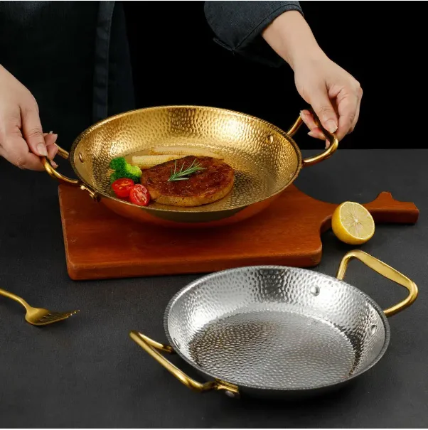Commercial crayfish plate Flat bottom stewed rice pot Double ear frying pan hotpot 304 stainless steel Spanish seafood rice pot