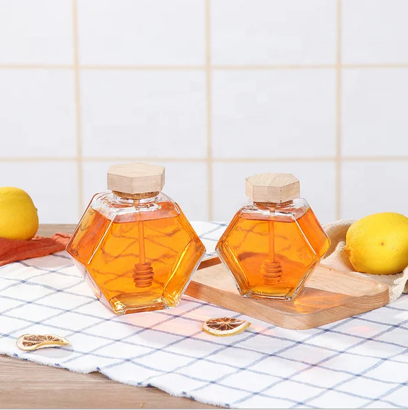 220ml 380ml glass honey jar hexagon glass bottle with wooden lid