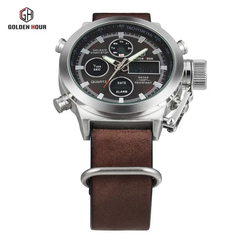 GOLDEN HOUR  GH-107  hot sell black mens digital watch original PU leather band 3 dials Chronograph Luminous sports wristwatch