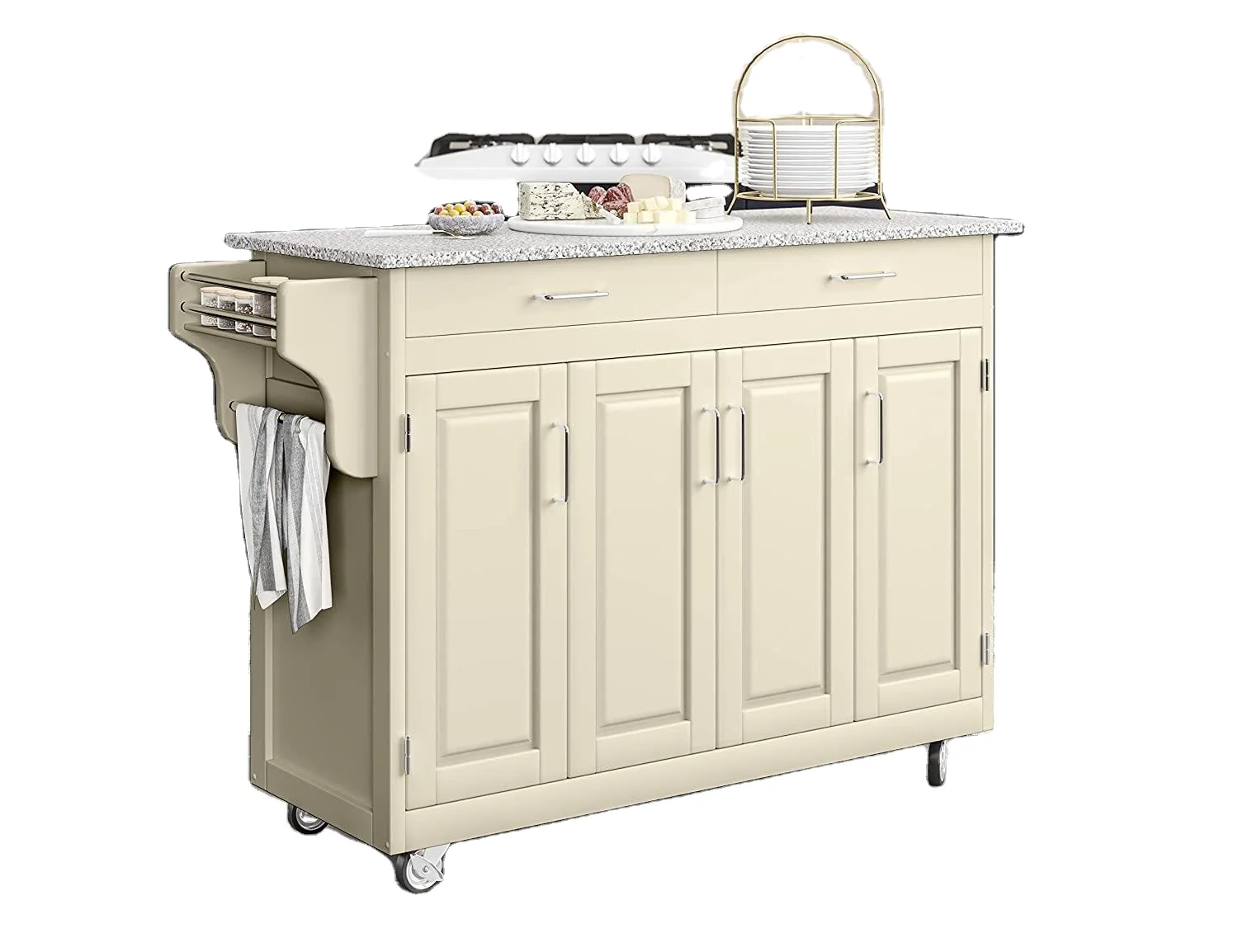 Белый 4 двери кухонного шкафа электронной ручной тележки серый гранитный камень