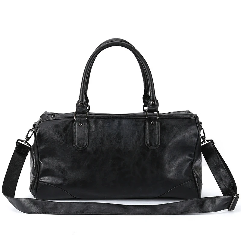 Mens Black Genuine Leather Overnight Travel Duffle Luggage Carry On Airplane Overnight Weekender Bag