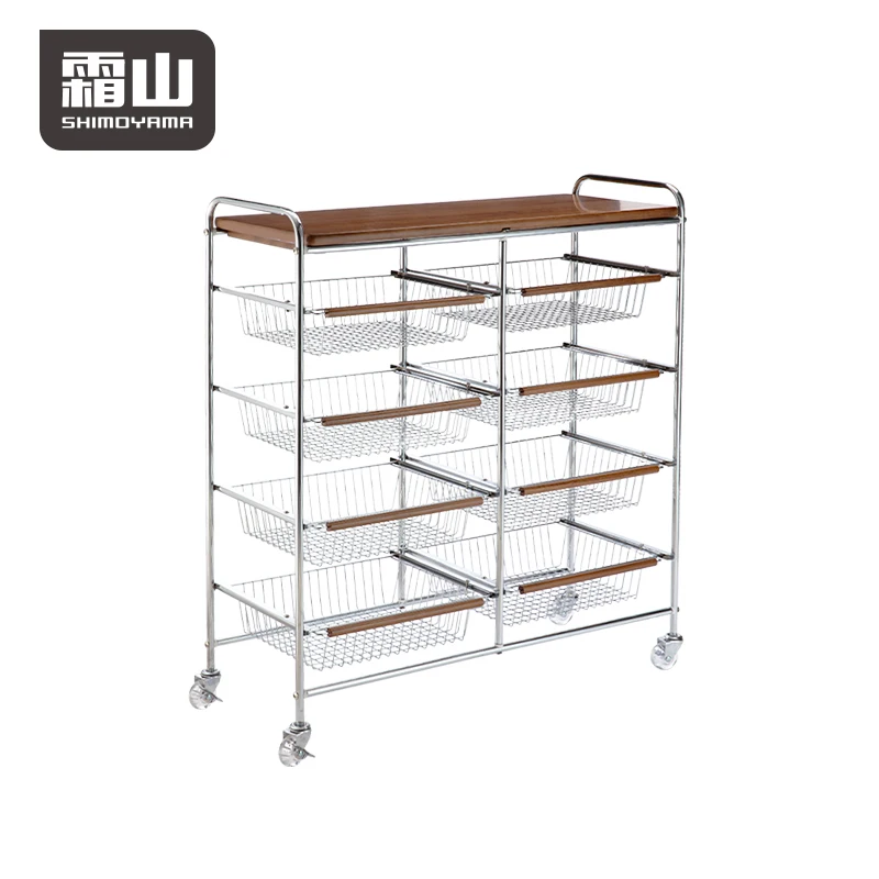 SHIMOYAMA Utility Cart with Beechwood Table Top Rolling Storage Cart Trolley 4-Tier Metal Rolling Storage Cart with 8 Drawers