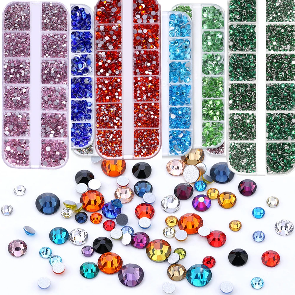 12Grids SS4-SS16 Mixed Nail Rhinestones Red /Green Diamond Nail Gems Flat-back Glass Stones Nail Charms with Wax Pen Picker