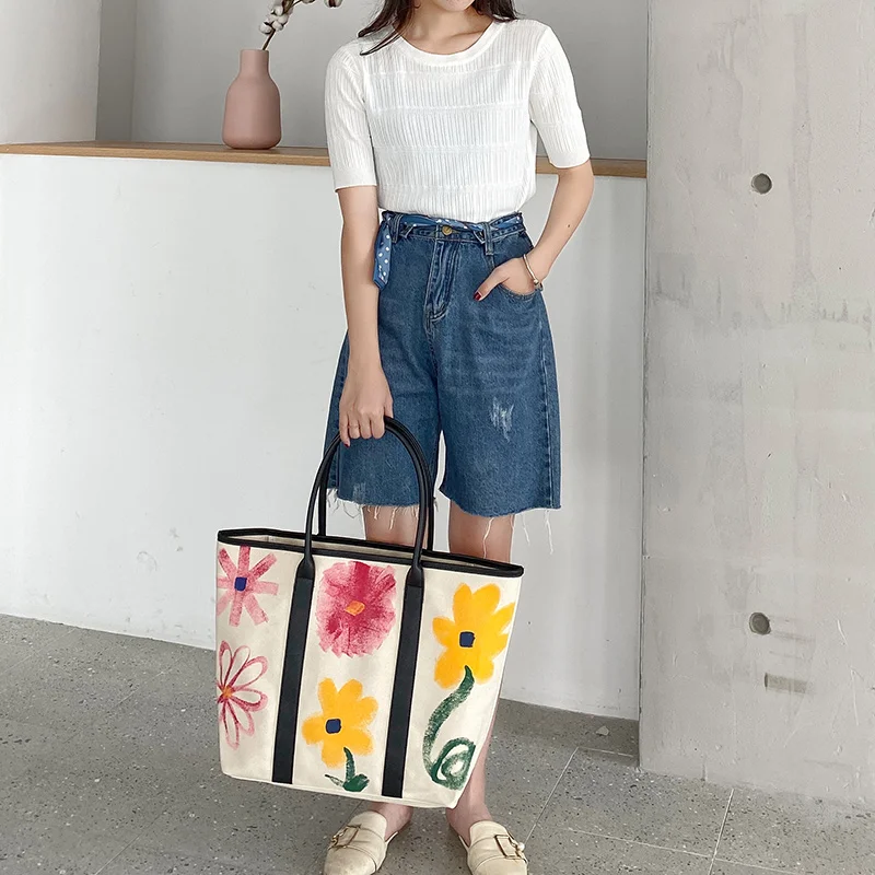 colorful printing fashion design canvas shopping bag tote handbags trendy large womens canvas bags