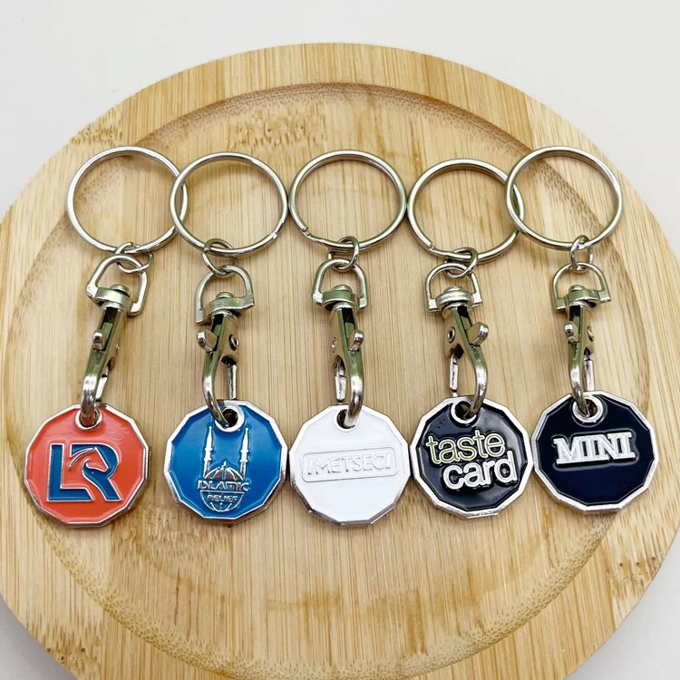 Wholesale Custom Logo Metal Double Sided Design Enamel Token Coin Keychain Supermarket Trolley Shopping Cart Token Coin Keychain