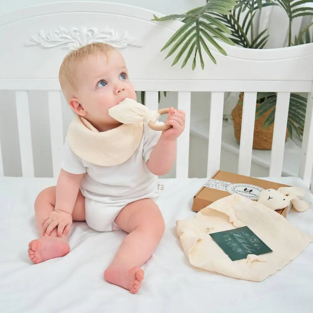 Manufacturer Muslin Triangle Bib Teething Toy Baby Soothing Towel Newborn Baby Gift Set with Card