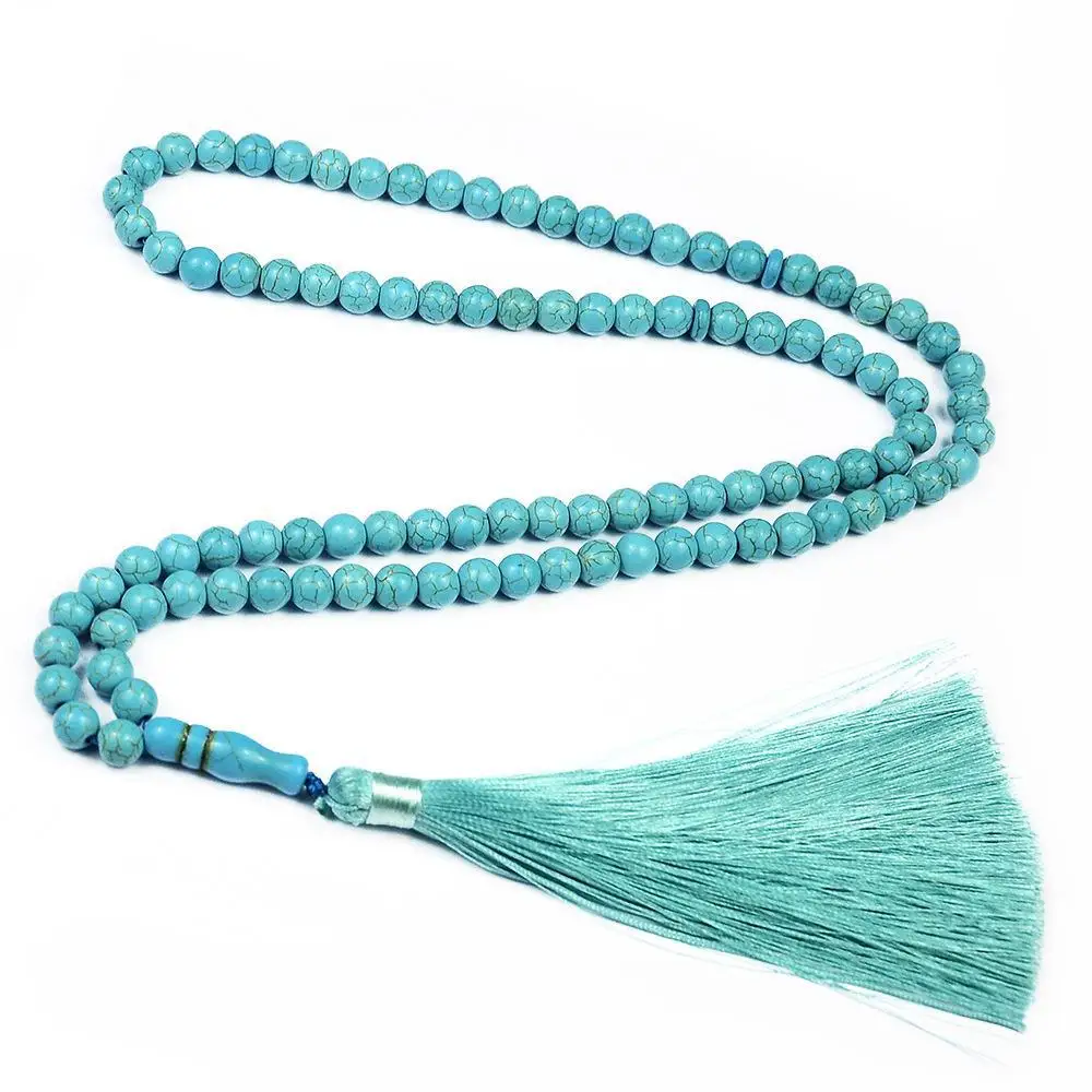 RY006 Islamic 8 mm Tasbih 33/99 Beads Muslim Rosary Prayer Misbaha Turquoise Bead with Tassels Religious Eid Ramadan Gift