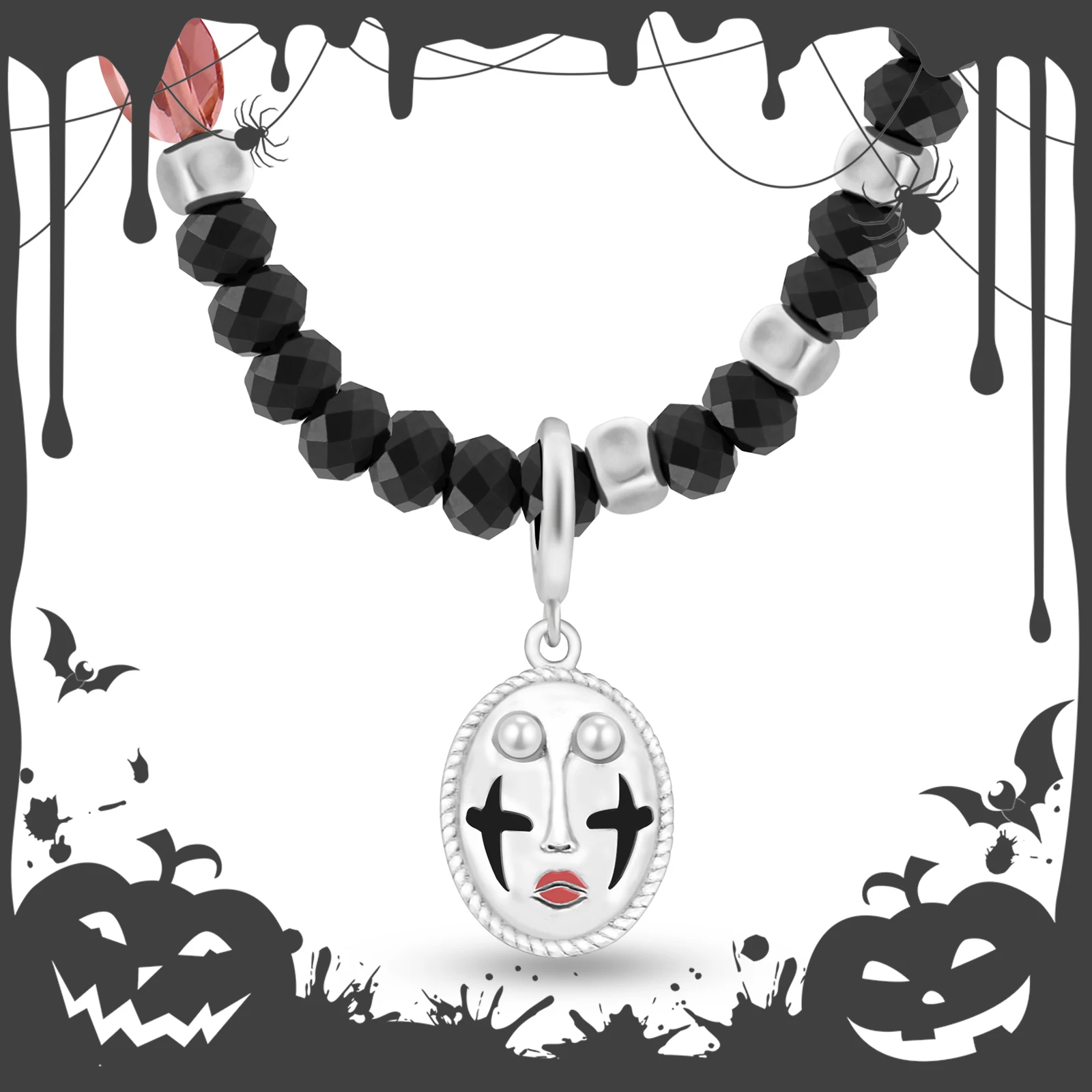 Other Fashion Halloween Clown Face Pendant Chain 925 Silver Charm Jewelry Raw Gemstone Black Spinel Man Beaded Necklaces