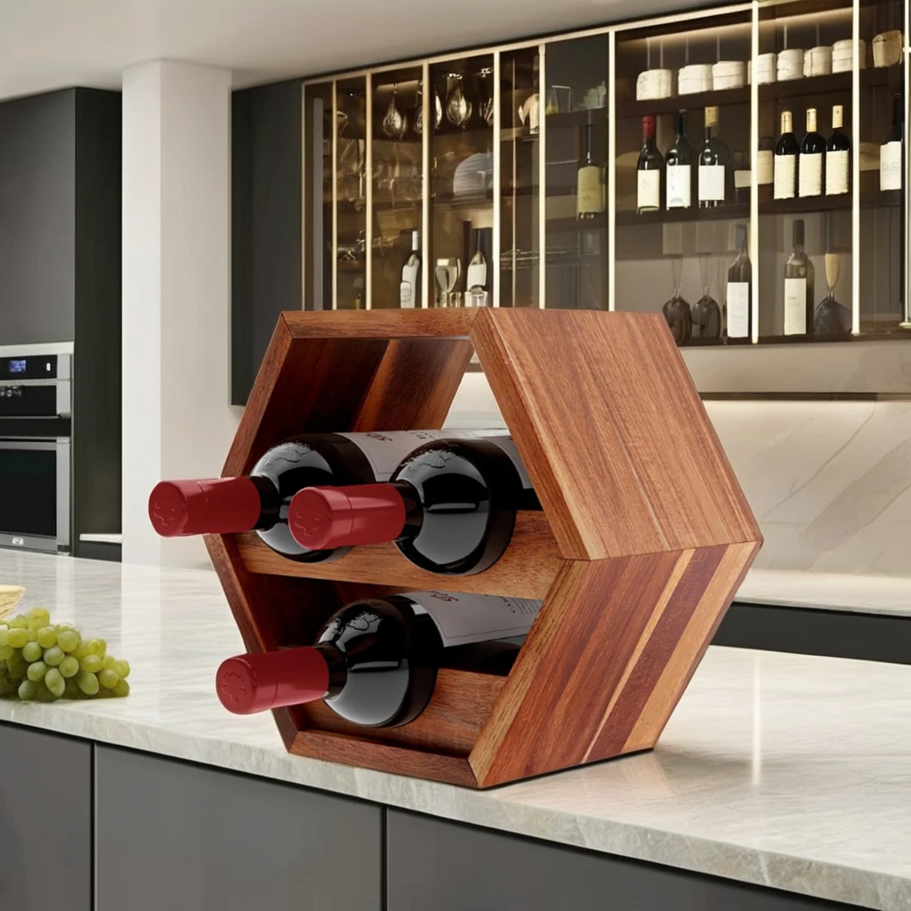 Wholesale Modern Acacia Wood Wall Mounted 3 Bottle Wine Display Holder Wine Rack for Kitchen Bar Decor