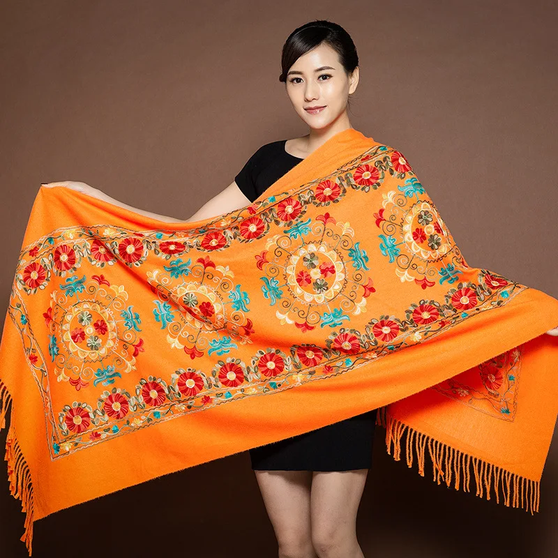 New Ladies Soft Pashmina Scarves Shawls Wholesale Winter Warm Women Tassel Embroidered Flower Cashmere Scarf For Girls