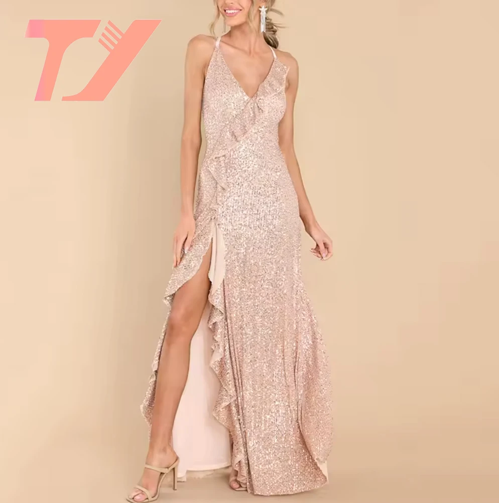 TUOYI Elegant designer party evening dress women factory one shoulder slip slit summer dresses custom logo maxi satin dress