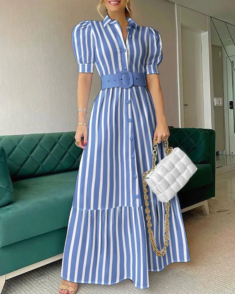 Summer Lapel button breasted puff sleeves casual high waist temperament dresses mid length is thin dress
