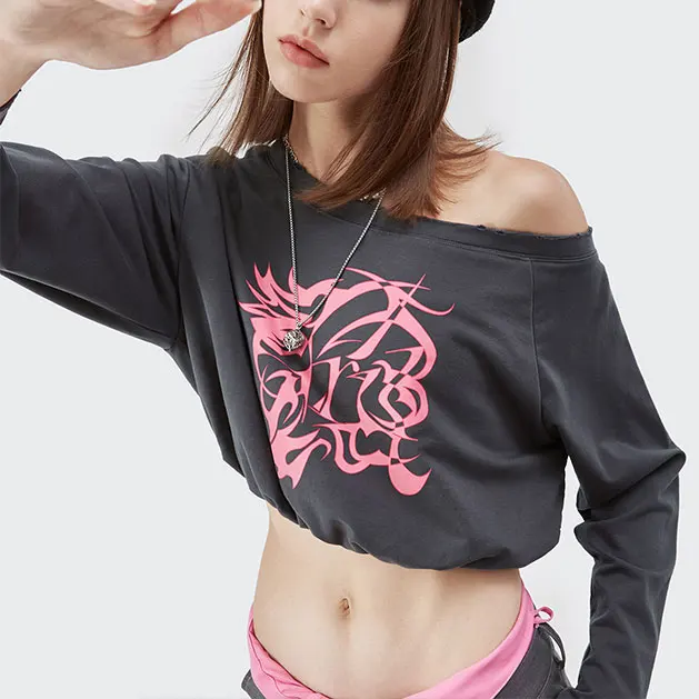 Inflation Girl Korea Fashion Hot Summer Sloping Shoulder Tshirt Top y2k Long Sleeve T Shirt