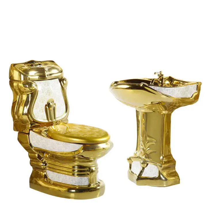 luxury vintage ceramic wc washdown two piece toilet bowl bathroom gold toilet seat golden toilet set