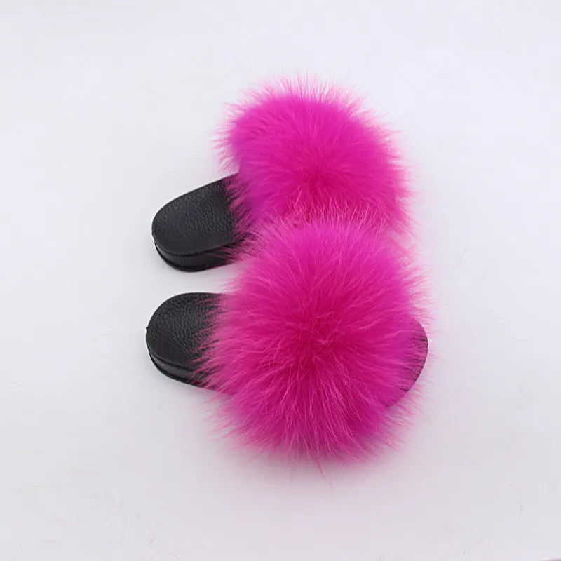 Cheap Price Jtfur Raccoon Fur Pom Pom Kid Sandal Slides For Women And Baby Kids With Fur