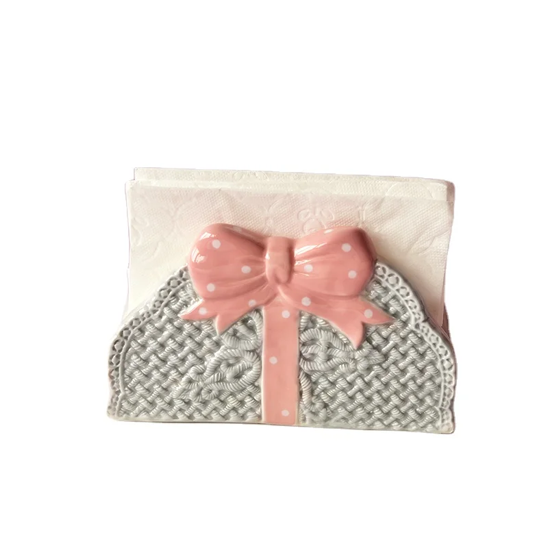 Cute Warm Crochet Handmade Napkins Holder Bow Lace Decoration with a Pink Gray All-season Ceramic Support