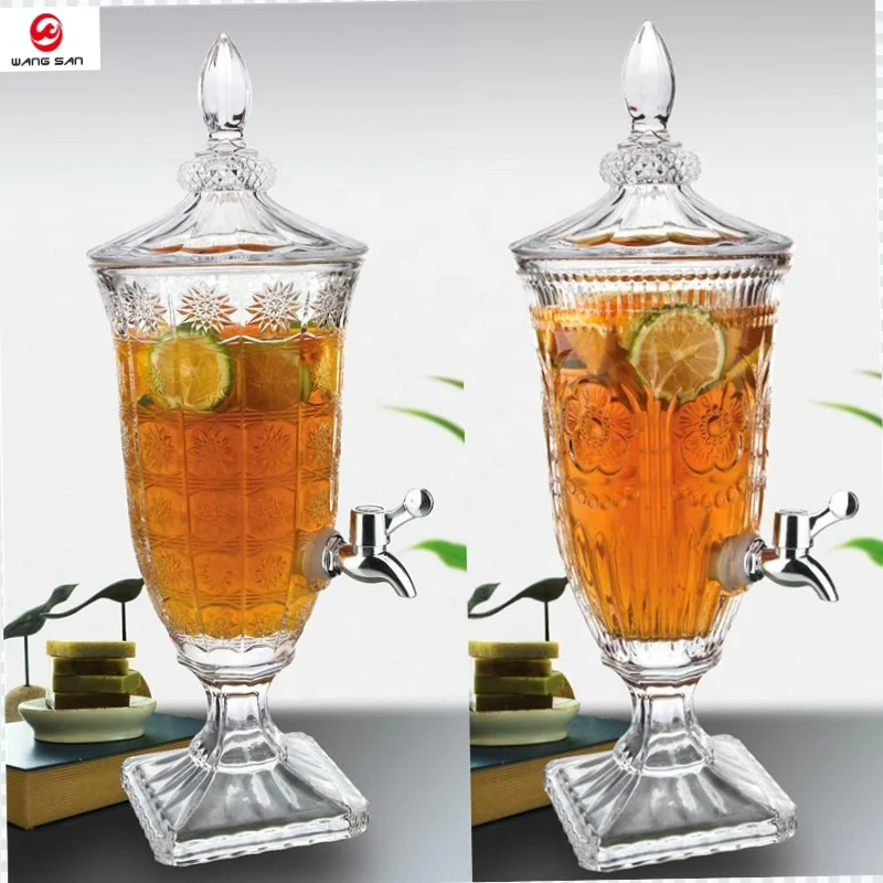 Wine glass juice dispenser clear Embosses Glass Beverage Dispenser For Water Juice With Tap Glass Juice Dispenser