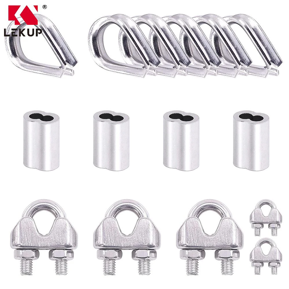 M4 304 Stainless Steel Wire Rope Cable Clip Clamps Thimble and Aluminum Crimping Loop Sleeve Assortment Kit Wire Rope Fittings