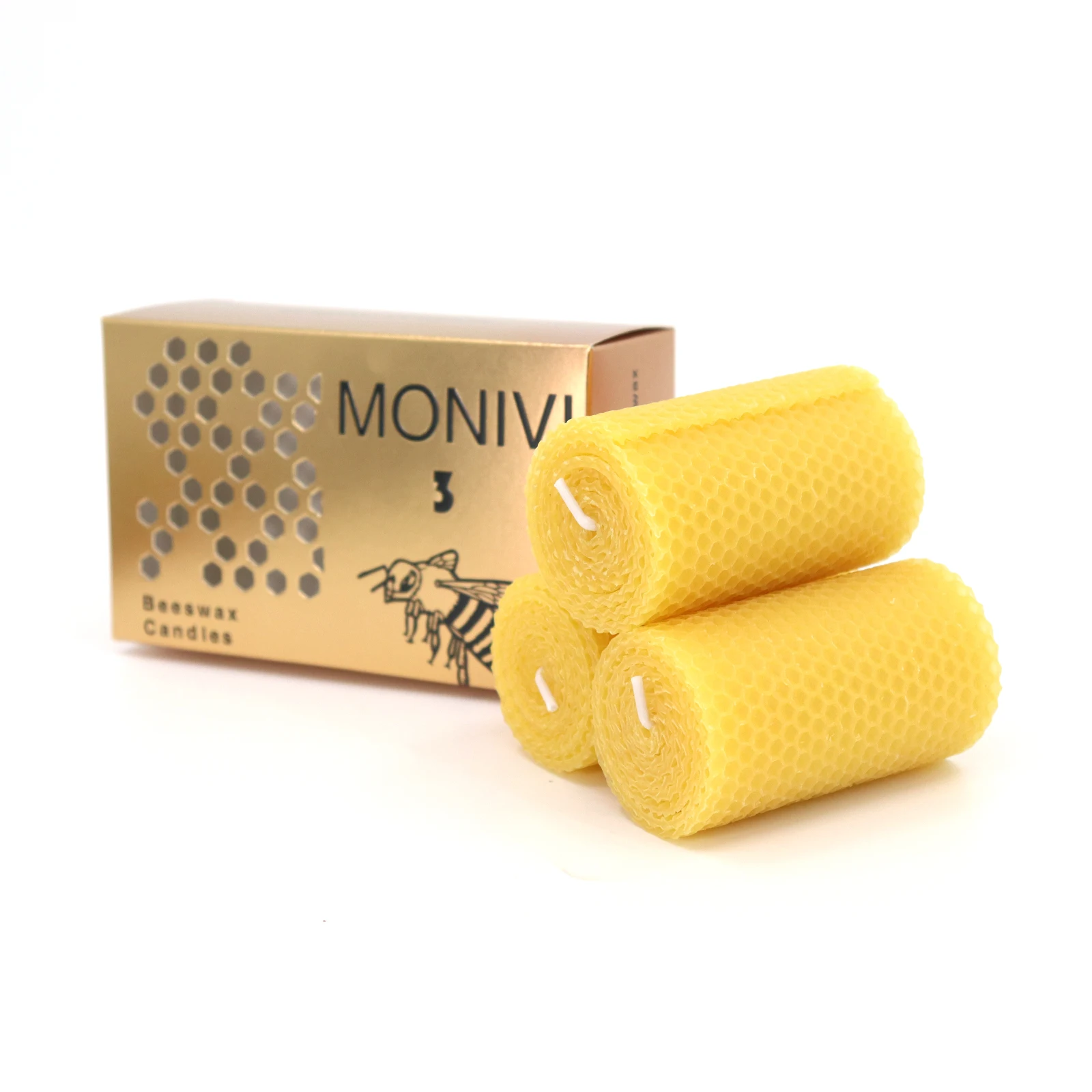 3 PCS Smokeless 3.4 Inches Scented Hand-Rolled Honeycomb Pillar Beeswax Candle Handmade Cylinder Organic Bees Wax Pillar Candle