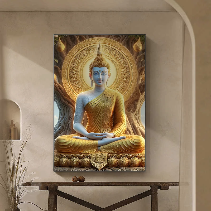 Golden Buddha seated statue painting high-definition printing crystal painting Buddhist wall art religious murals with diamonds