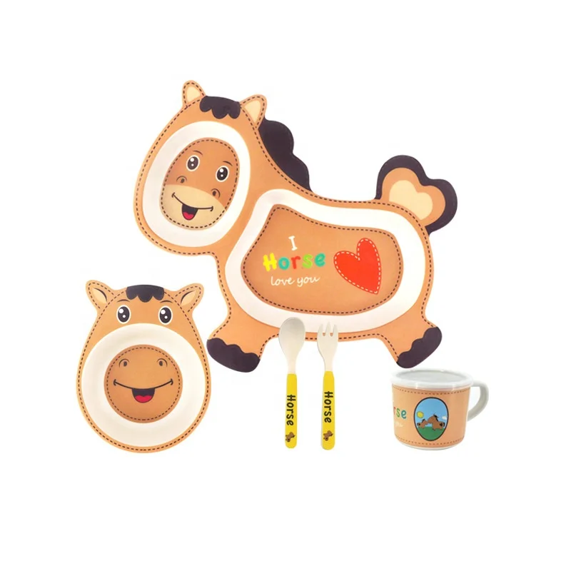 Customized Biodegradable Eco Bamboo Fiber Plate Bowl Cup Spoon Fork Kids Cutlery Set Tableware