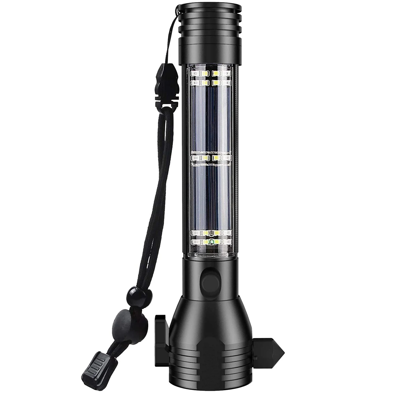 Multi-function usb rechargeable solar led flashlights waterproof led solar power flashlight with safety hammer