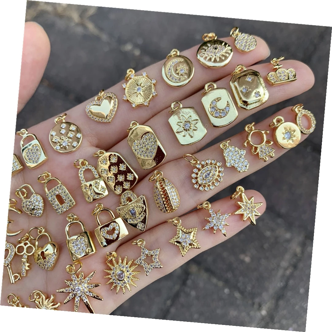 Mini 18k Gold Small Clear CZ Heart Star Moon Crescent Charm,Tiny Minimal Zircon Cubic Zirconia Crab Animal Charms