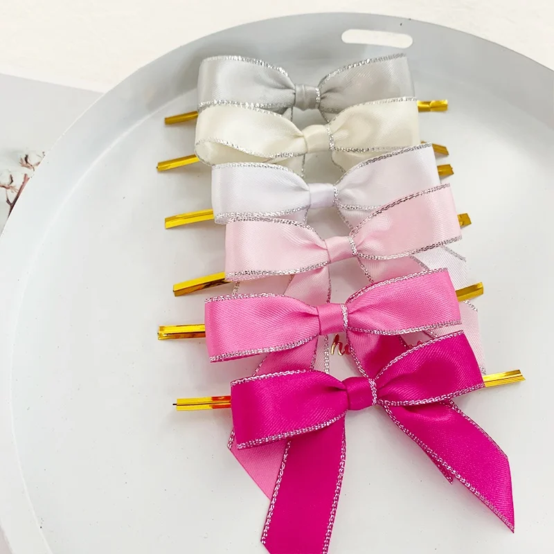 Wholesale Customized 16mm Christmas Tree Decoration Gift Ribbon Bows Wrapping Silver Metallic Satin Packing Bow With Twist Tie