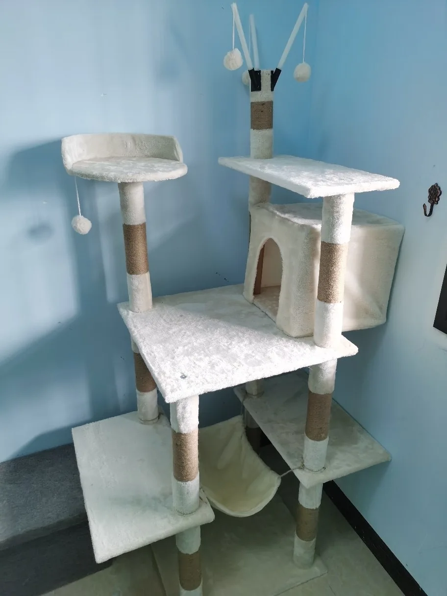 Cute Solid Indoor Wooden Cat Tree Cat Tower with Hammock Scratch Post Climbing Web Dangling Sisal Ball Pet Toy